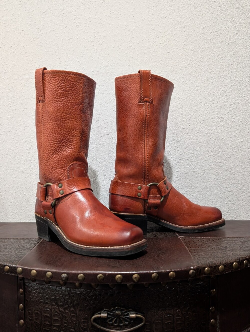 Frye Harness 12R Orange Brown Leather Boots Women's Size 7.5 -Made in USA